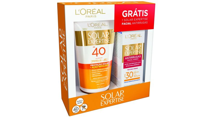 Protetor-Solar-L-oreal-Solar-Expertise-Acao-Repelente-FPS-40-120ml---Gratis-Solar-Expertise-Facial-Antirrugas-25g