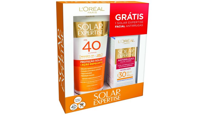 Protetor-Solar-L-oreal-Solar-Expertise-Acao-Repelente-FPS-40-200ml---Gratis-Solar-Expertise-Facial-Antirrugas-25g