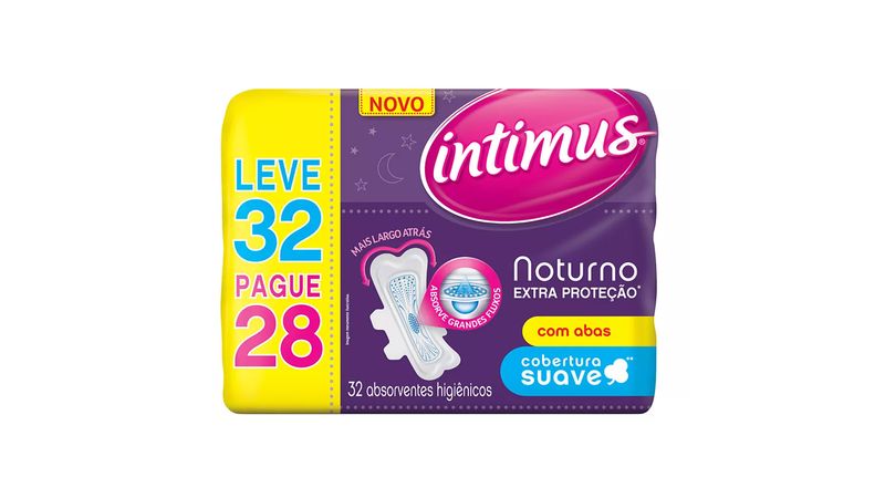 Absorvente-Intimus-Noturno-Extra-Protecao-Cobertura-Suave-com-Abas-Leve-32-Pague-28-Unidades