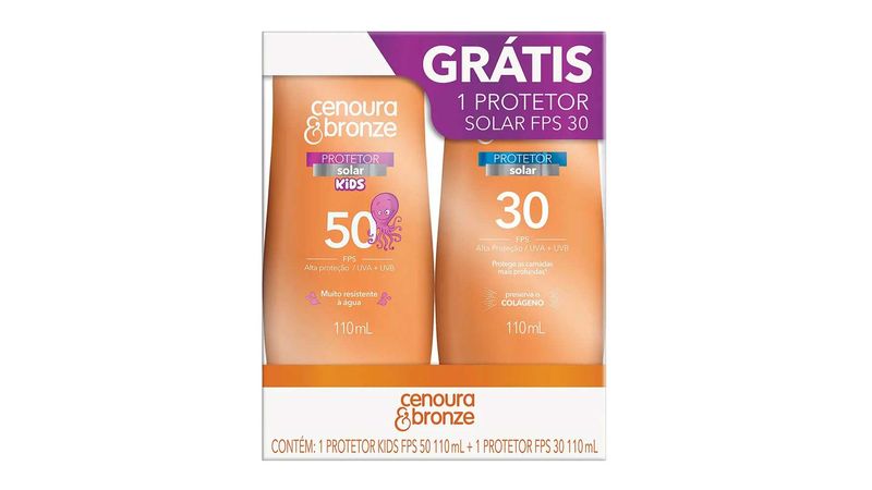 Protetor-Solar-Cenoura---Bronze-Kids-FPS-50-110ml---Gratis-Protetor-Solar-Cenoura---Bronze-FPS-30-110ml