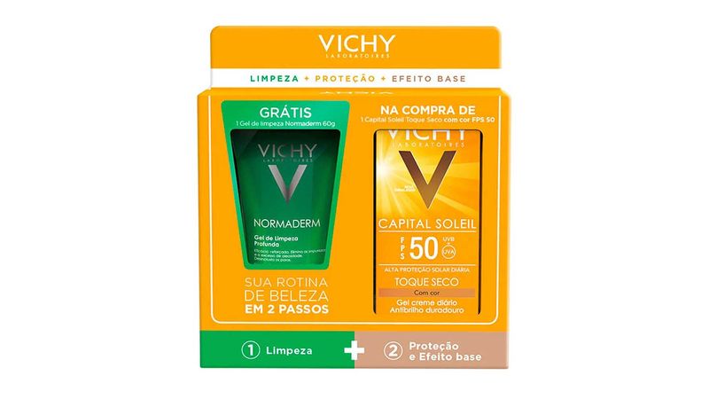 Kit-Protetor-Solar-Vichy-Capital-Soleil-Toque-Seco-com-Cor-FPS-50-Gel-Creme-50g---Gratis-Normaderm-Gel-de-Limpeza-Profunda-60g