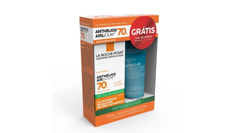 Kit-Protetor-Solar-Anthelios-Airlicium-FPS-70-Antioleosidade---Gratis-Gel-Concentrado-Effaclar-40g-La-Roche-Posay