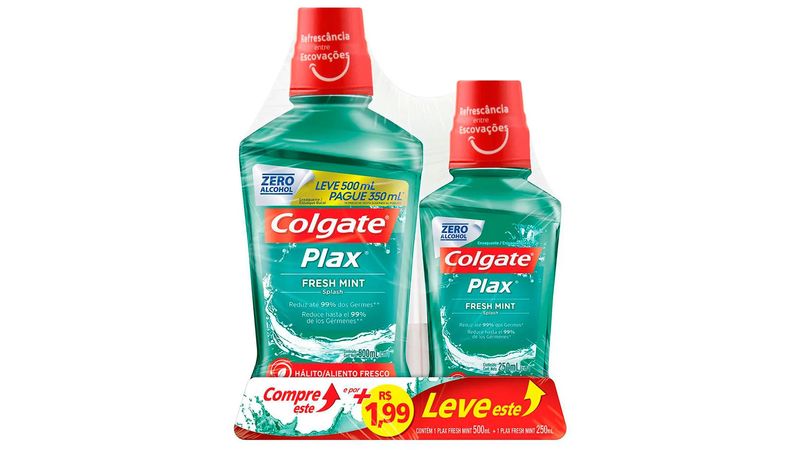 Kit-Enxaguante-Bucal-Colgate-Plax-Fresh-Mint-com-Fluor-sem-Alcool-Leve-500ml-Pague-350ml-e-Por---199-Leve-250ml