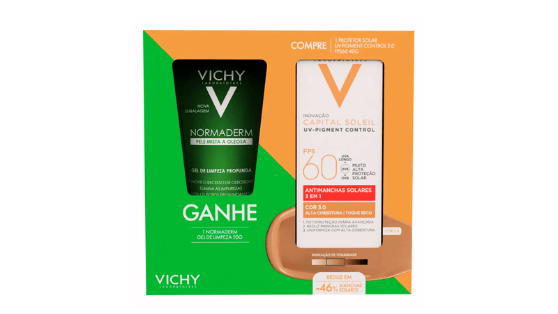 Kit-Vichy-protetor-solar-UV-Pigment-Control-3.0-FPS-60-40g---gel-de-limpeza-Normaderm-50g