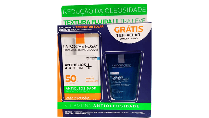 Kit-La-Roche-Posay-protetor-solar-facial-Anthelios-Airlicium--Fluido-FPS-50-40ml---gel-de-limpeza-Effaclar-concentrado-50g
