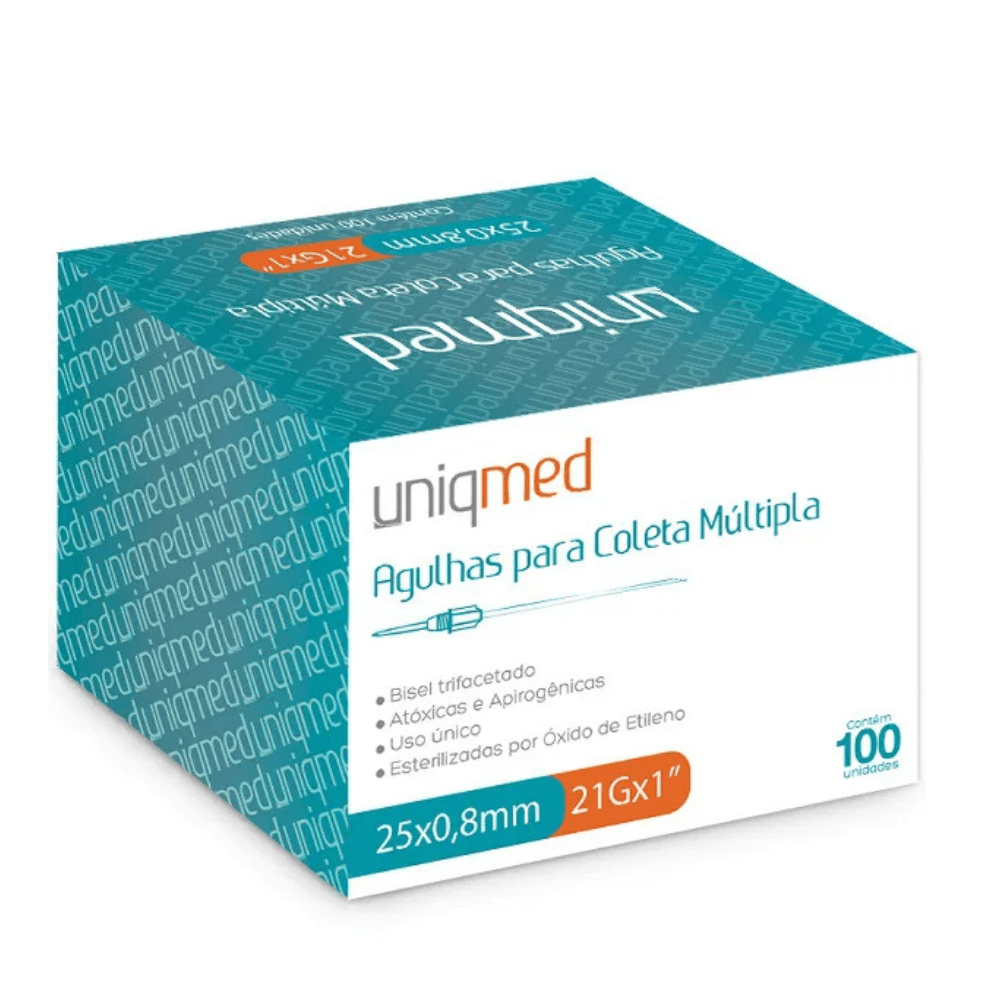 Agulha para coleta Múltipla Uniqmed 25x0,8mm 21G 100 unidades VENCIMENTO 25/02/2025